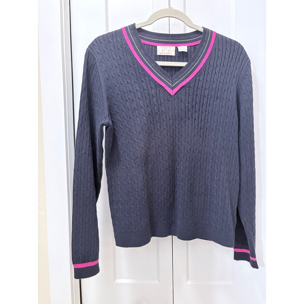 EP Pro Golf Sweater Womens Medium Navy Blue Cable Knit V-Neck Cotton Pullover